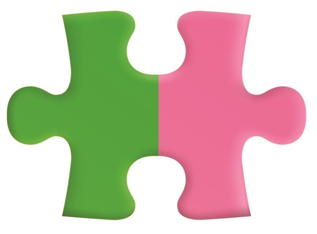 a jigsaw puzzle piece that is half pink and half green